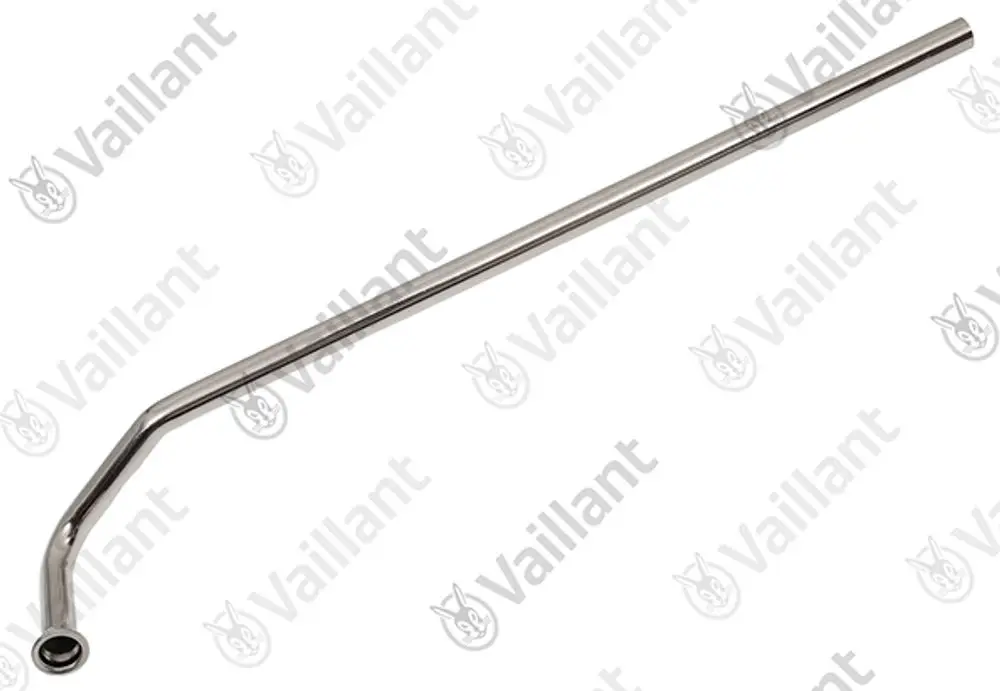 Vaillant Rohr mit einer gebogenen Form, meist verwendet in Heizungs- oder Speicheranwendungen. Edelstahloptik, fließender Übergang zur Anschlussöffnung.